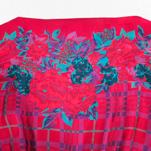 Vintage 80s Halston III Silk Floral Plaid Dress Red Pink Teal Belted Midi Size 4 - Picture 12 of 16